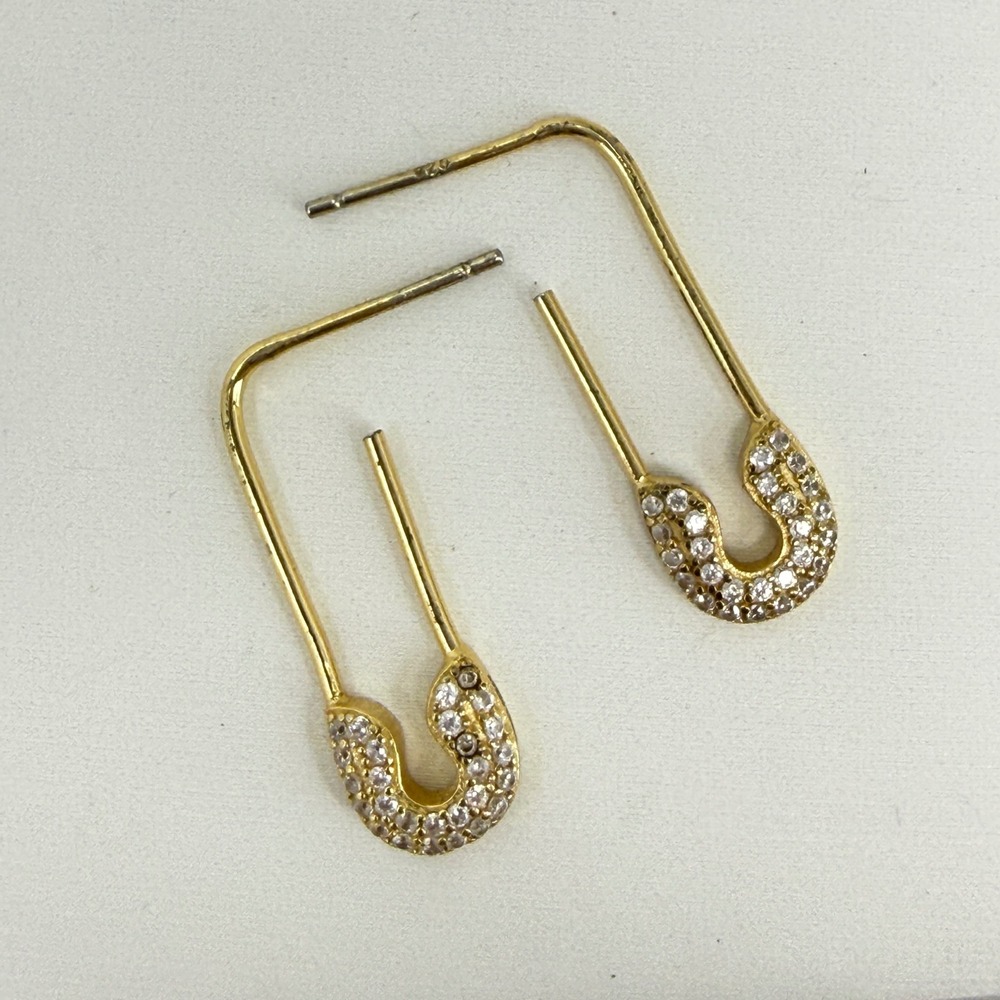 Gold Vermeil & Sterling Silver Pave Safety Pin Drop Earrings Minimal Modern